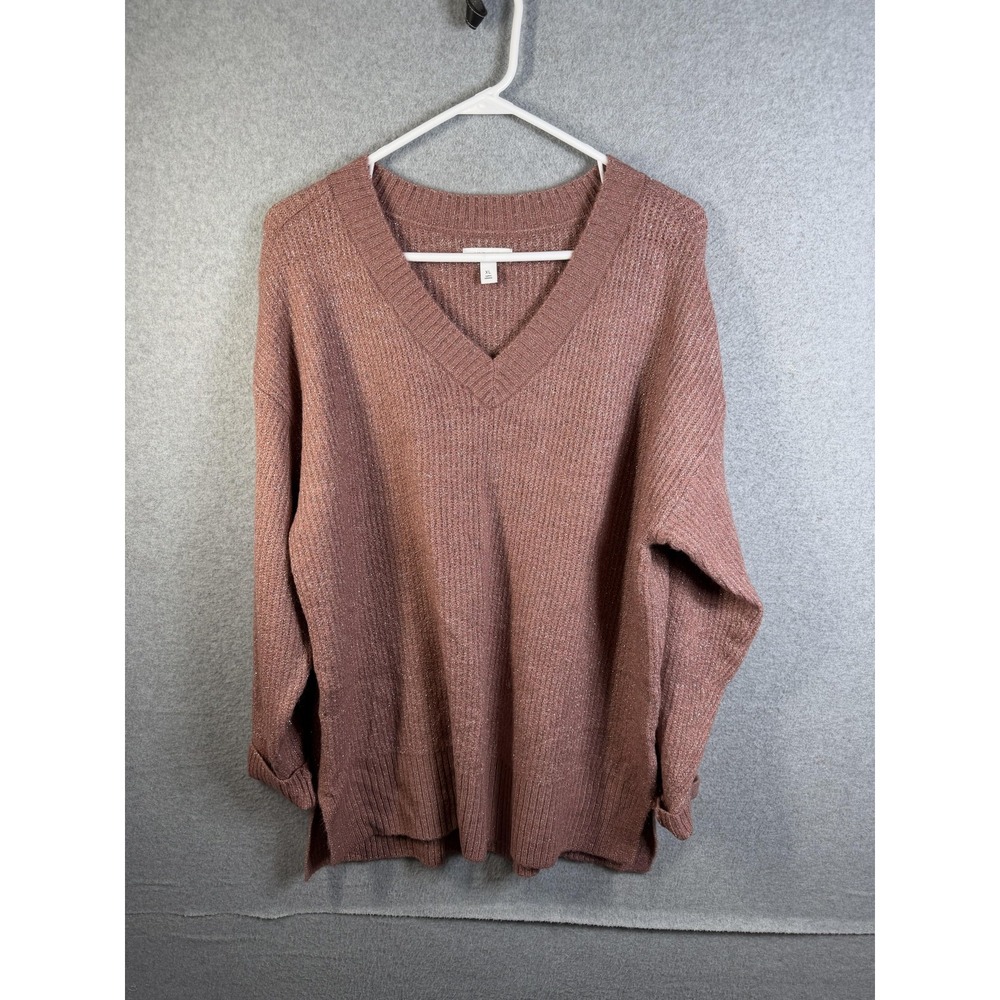Nine West Sweater Womens XL Pink V Neck Long Sleeve Glitter Knit Pullover Soft